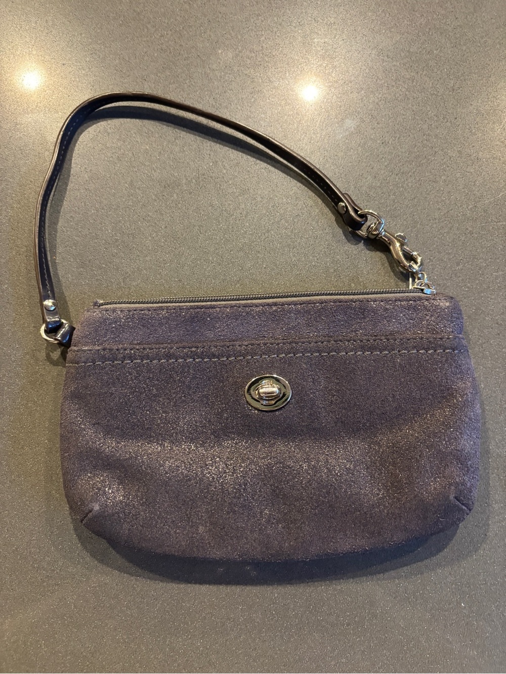 Coach Designer navy Black metallic Suede Wristlet htf